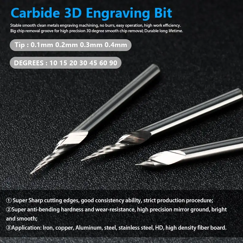 PCB Engraving Bit 3.175mm Shank V Shape Carving Bits 10-90 Degrees Carbide CNC Router Bit Tipped 0.1 0.2 0.3mm 3D Milling Cutter image 6