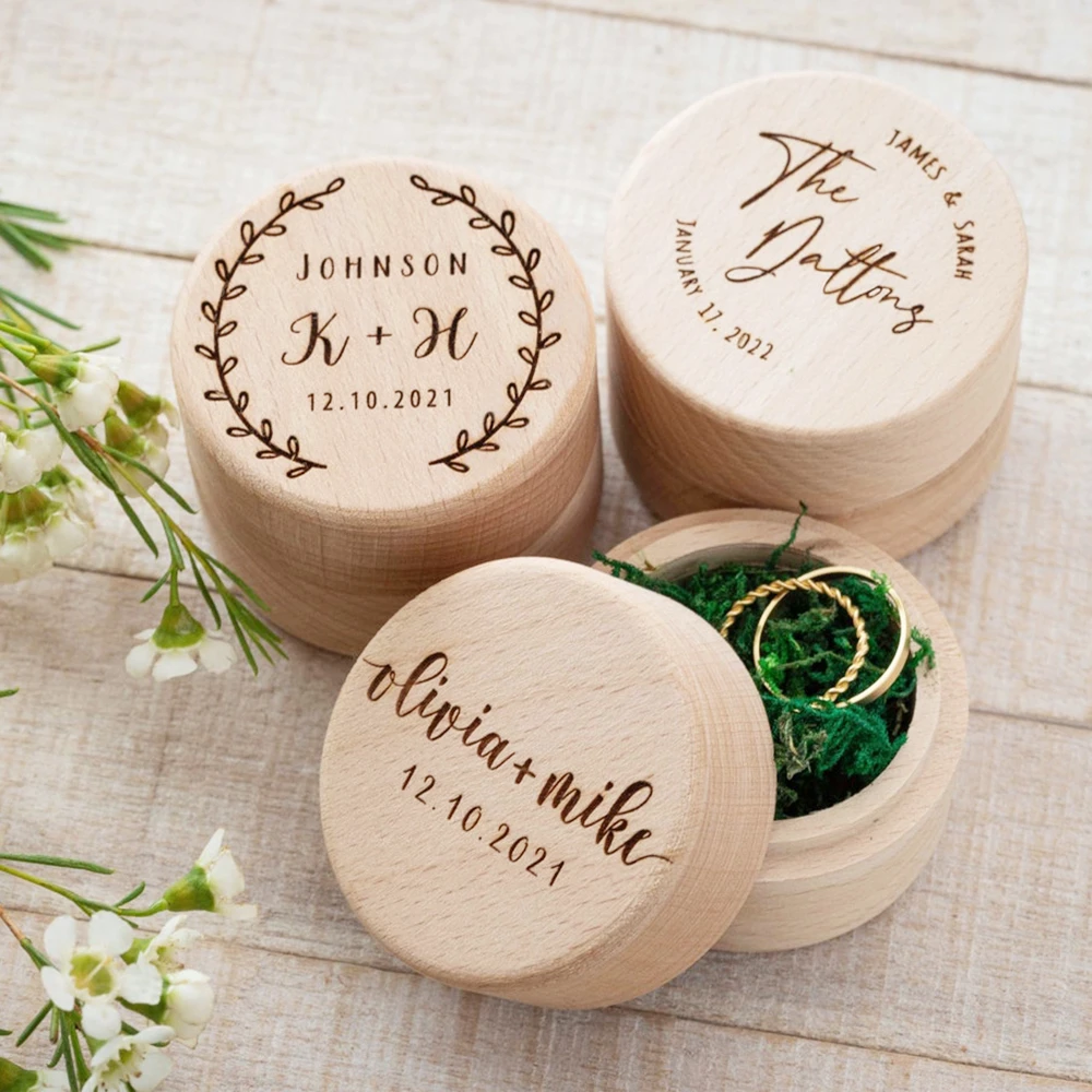 Personalized Round Wedding Ring Box Keepsake Ring Bearer Wooden Engraved Ring Holder Ceremony Valentine Engagement Jewelry