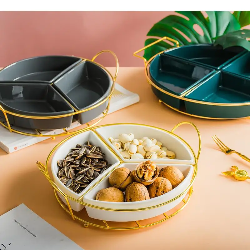 

Multi Grid Ceramic Snack Dessert Platter Fruit Trays Metal Stands Home Desktop Snacks Candy Storage Tray Dried Fruit Nuts Plates