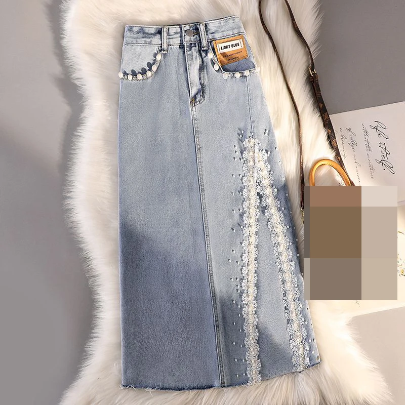 

High waist side split denim skirt women's summer 2022 new slim medium long wrap hip skirt trend Cotton Casual Embroidery