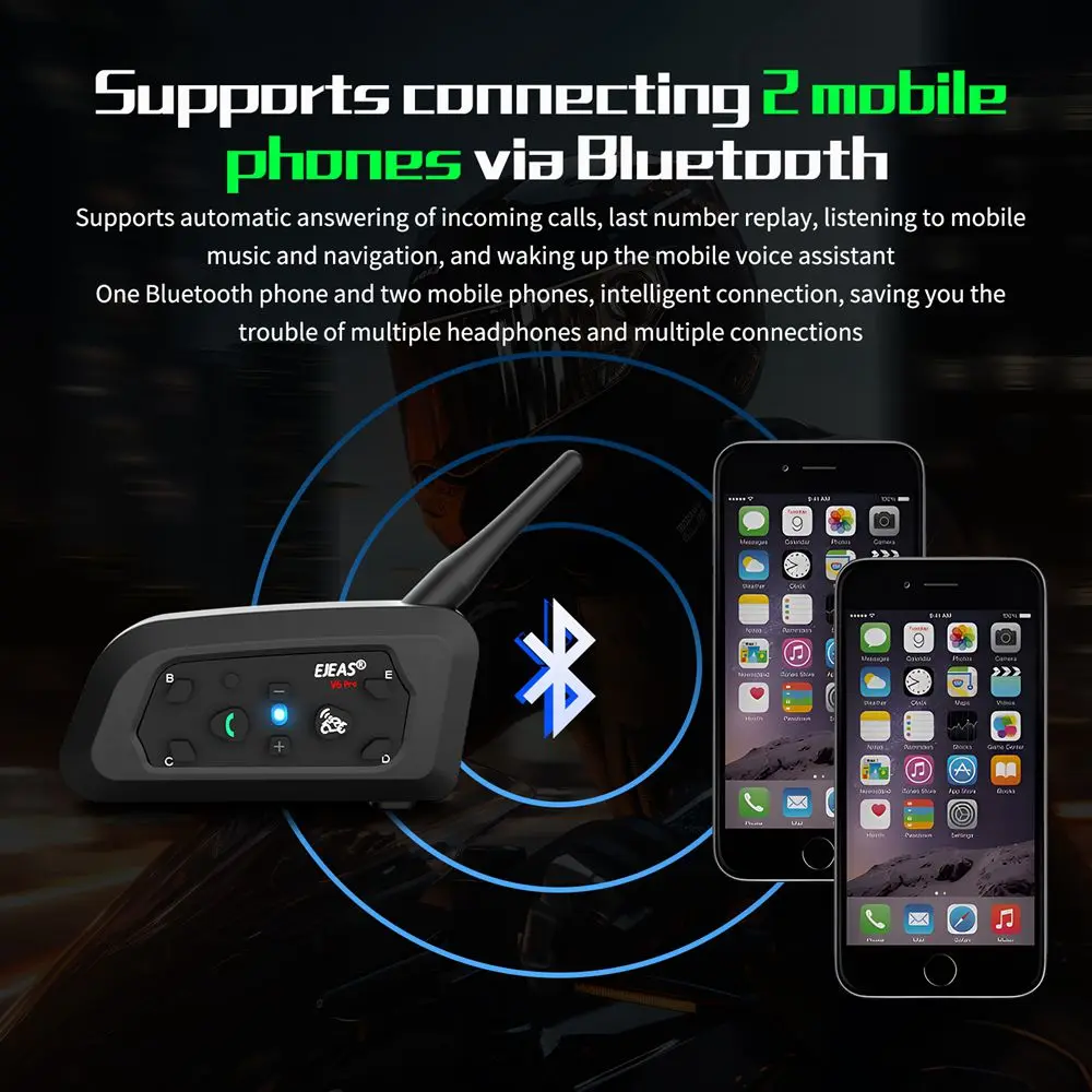 Ejeas v6 pro + motorrad intercom helm bluetooth headset 6 fahrer 800m kommunikator wasserdicht v 5,1 musik player sprechanlage – Detail 13
