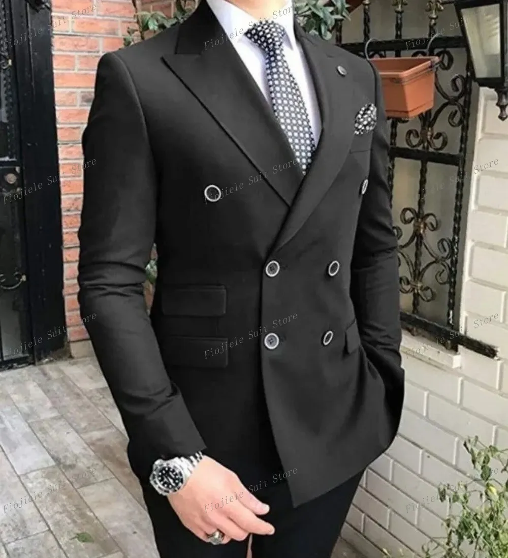 

Excellent Black Groom Tuxedos Men Wedding Dress Peak Lapel Double-Breasted Men Blazer Prom Dinner Darty Suit