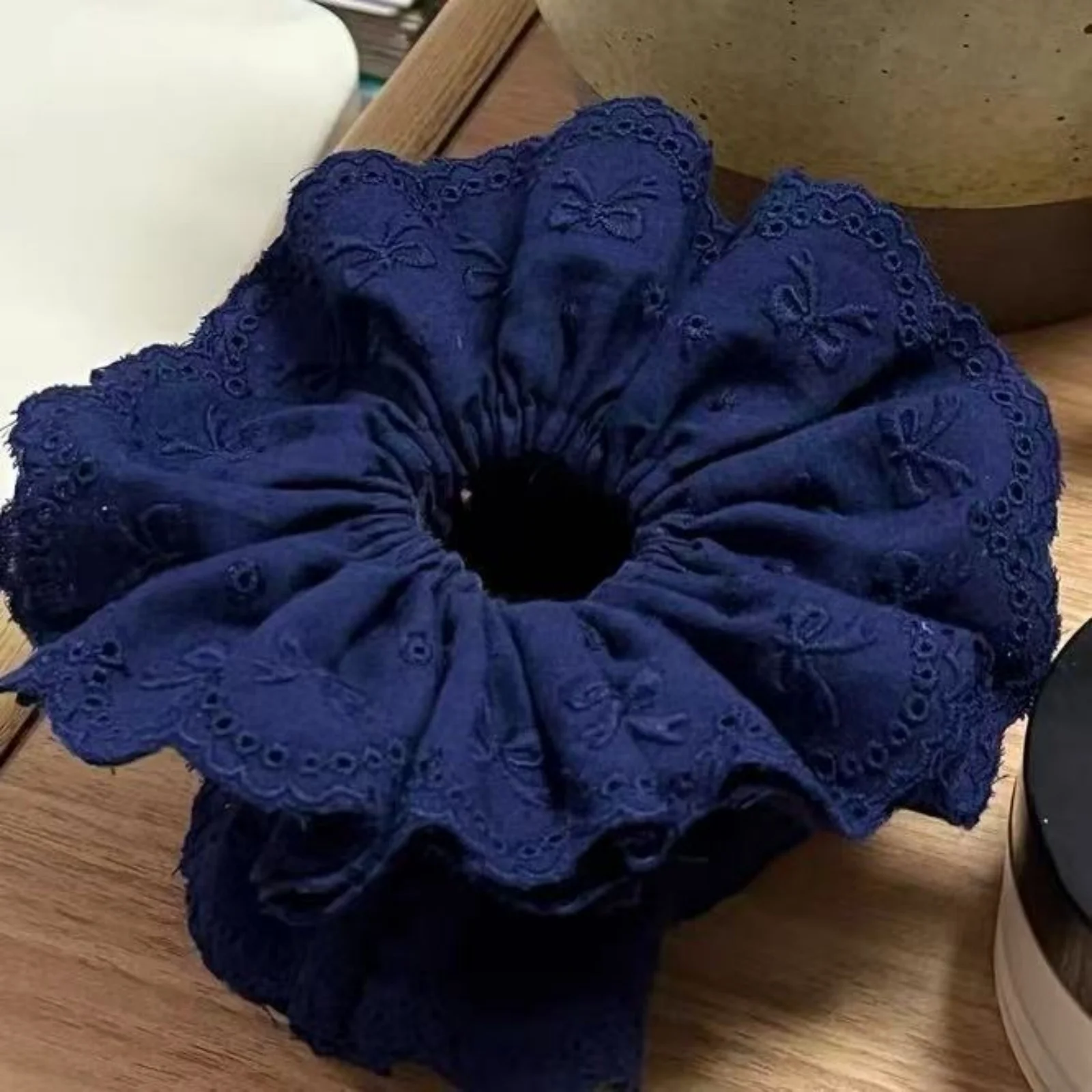 1PC Korean Niche Ballet - Style Navy Blue Bow Cotton Embroidered Chunky Hair Scrunchie, High - End Retro Hair Accessory Hair Tie