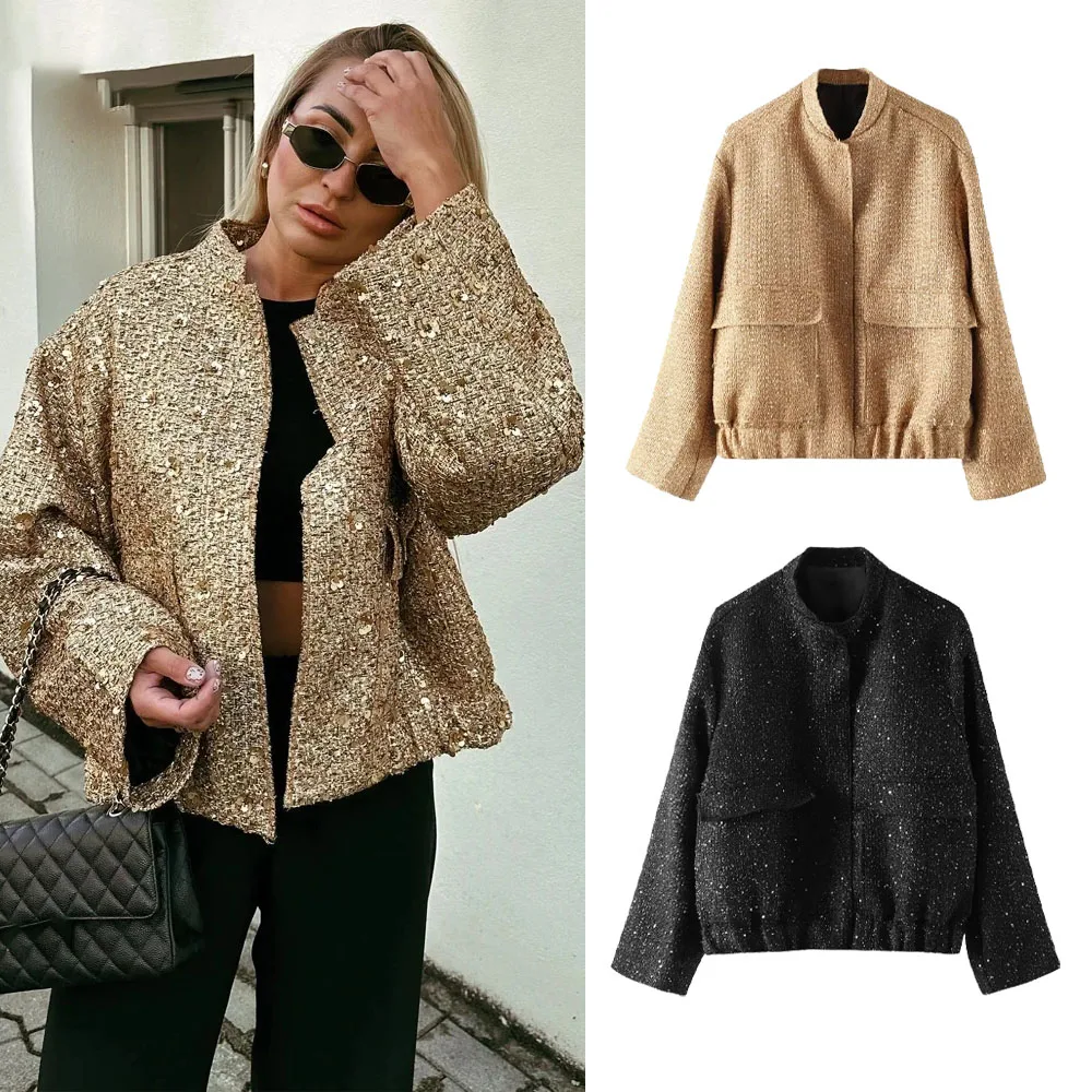 Veste à paillettes brillantes pour femmes, manteau court à manches longues, col montant, document en or Y2k, streetwear haut pour dames, mode automne et hiver