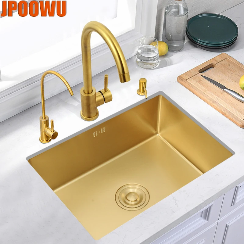 Kitchen Sinks Sus304 Stainless Steel Single Bowl Sink Wash Basin Square Gold Home Fixture With