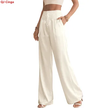 2026 New Arrival: Women's Lace-Accent Wide-Leg Pants, Beige Fashionable Casual Trousers. 1