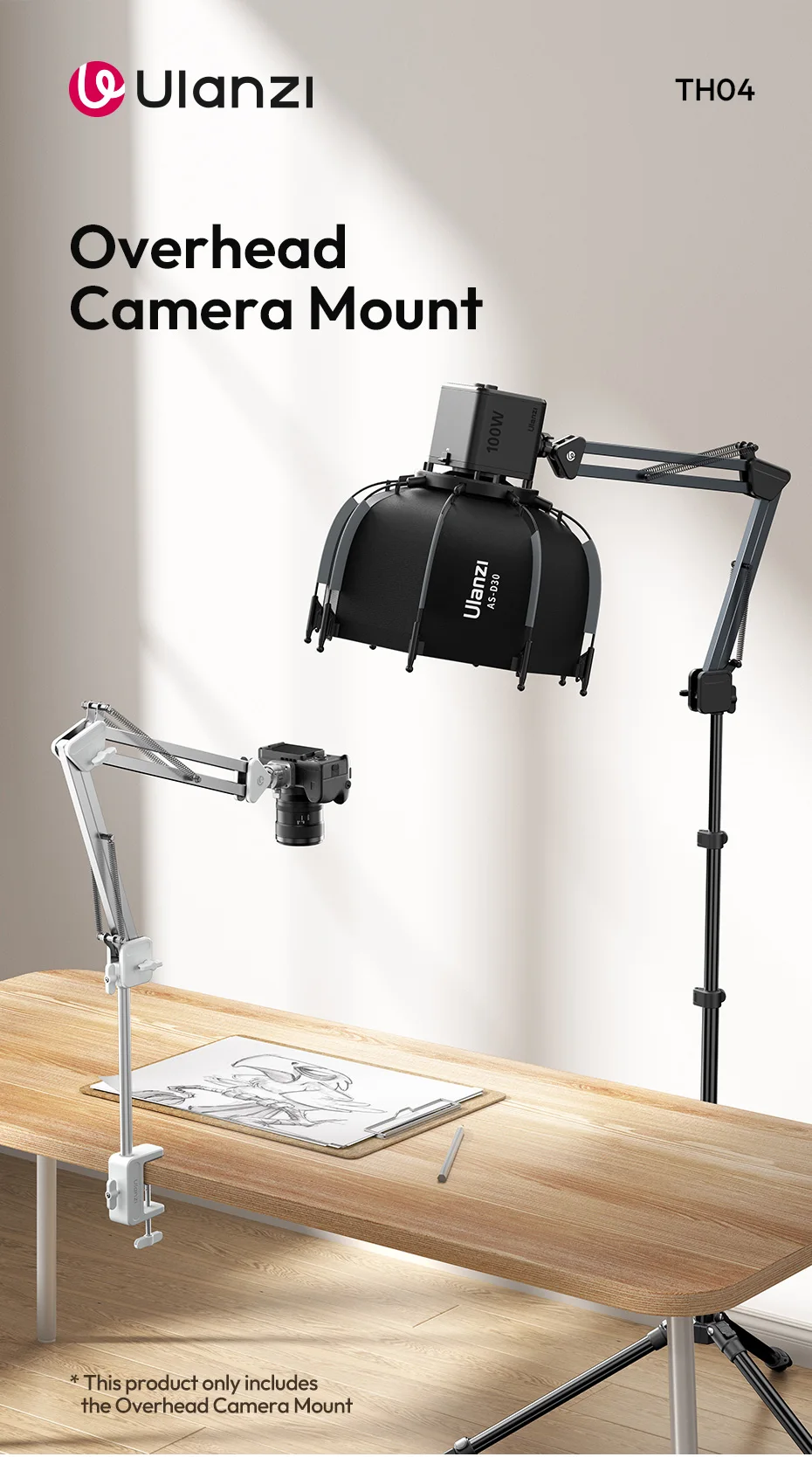 Overhead Camera Mount Microphone Stand Detachable C-clamp 2KG Load for Camera Mi