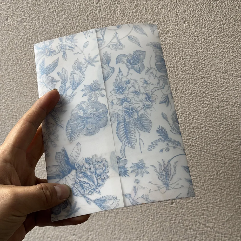 Blue green or pink flower Vellum Wrap suitable for 5 x 7 Wedding Invitation