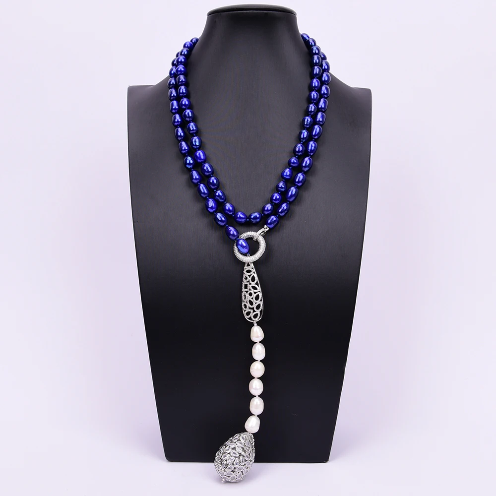 

G-G 42" Long Necklace Cultured Blue Rice Pearl Necklace CZ Zircon Paved Connector White Pearl Pendant Handmade For Women