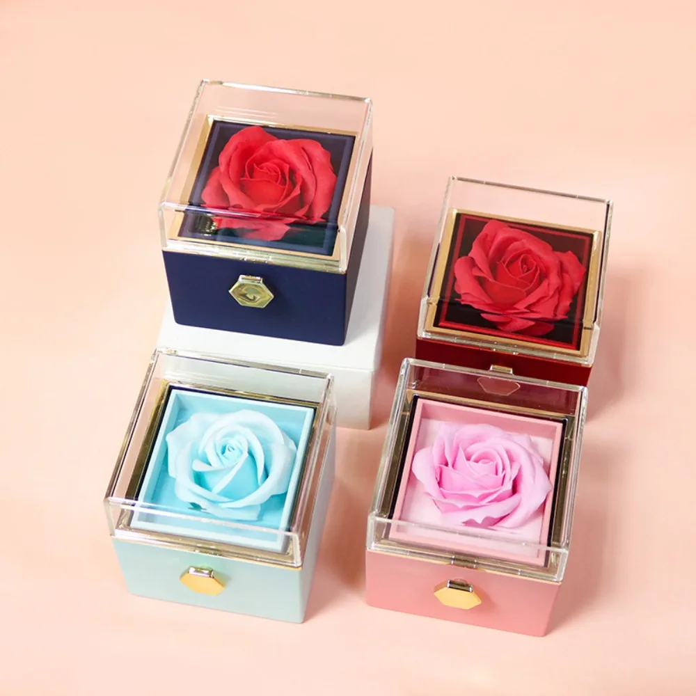 

Eternal Rose Rotating Jewelry Box With Gift Bag Transparent Lid Ring Box Acrylic Soap Flower Rose Gift Box Valentines Day