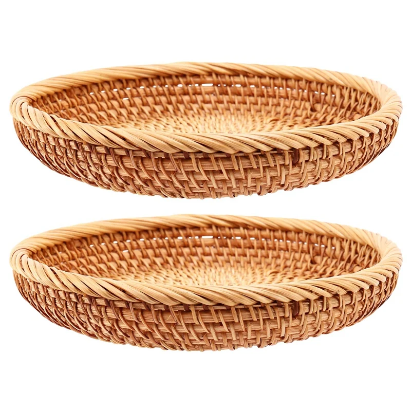 

2 Pack Rattan Woven Storage Basket,Bread Basket Display Basket Fruit Candy Cake Tray,For Keys,Wallet,Cell Phone(7.5Inch)