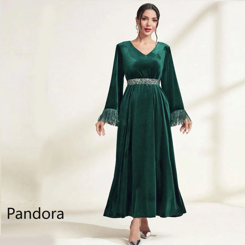 Pandora Beaded Long Women's Formal Evening Gown Long Sleeve V-neck Ankle-length A-line Wedding Birthday Ball Party Dress