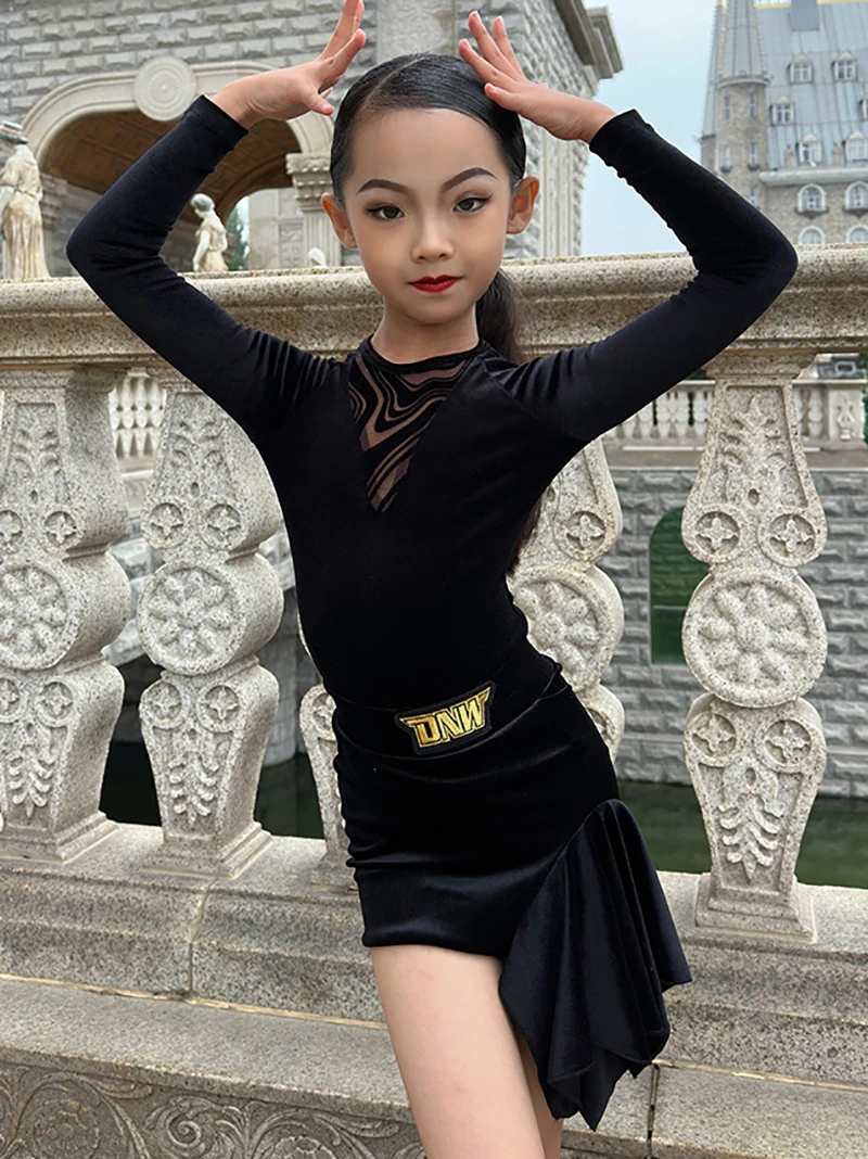 

Kids Girls Velvet Latin Dance Clothing Outfit Set Long Sleeve Leopard Top Pants Cha Cha Samba Dance Training Performance Clothes