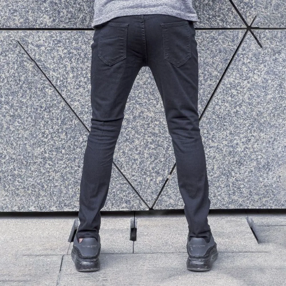 Men's Stretch Jeans Slim Fit Solid Color Invisible Open Crotch Outdoor Sex Ripped Tight Denim Casual Trousers Exotic Pants