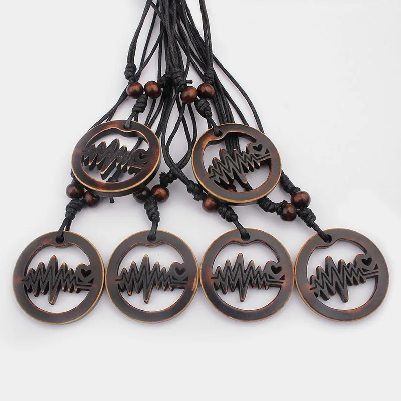 12pcs Electrocardiogram Round Pendants Necklace Imitation Yak Bone Resin Heartbeat Charms Necklaces Fashion Jewelry Lover Gift