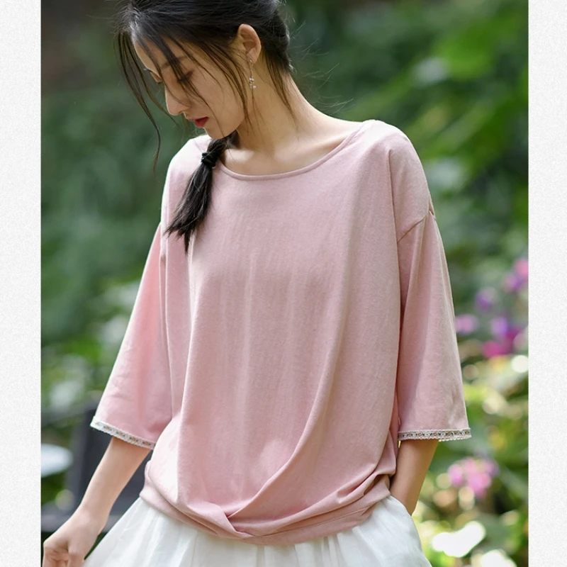 Spring Summer Design Sense Inner Tops Women Loose Solid Color Drop Shoulder Sleeve Round Neck T-Shirt Chinese Style Retro Gentle women abstract graphic drop shoulder sweater m