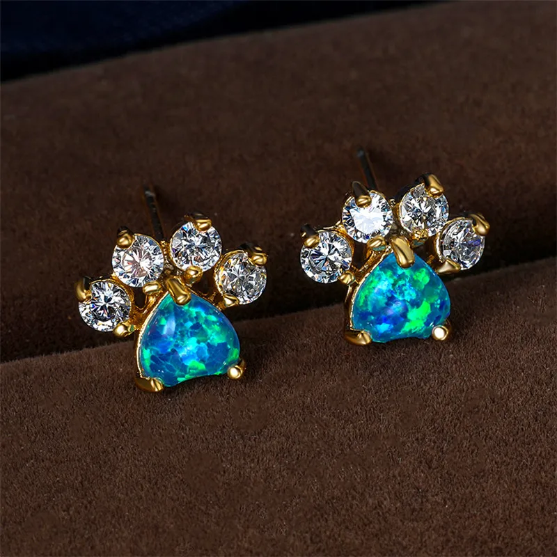 Cute Female Small White Crystal Zircon Stud Earrings Fashion Blue Opal Heart Wedding Jewelry For Women