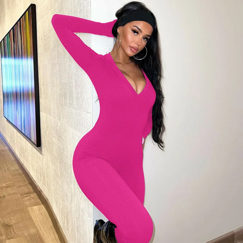 Women's 2023 Winter New Fashion Solid Color Slim Fit Sports Long Sleeved Jumpsuit Solid Color Sports Jumpsuit Women's Clothing