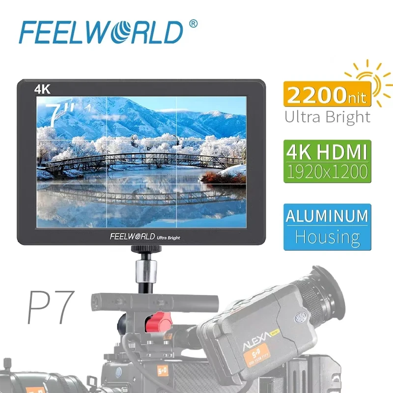 FEELWORLD P7 7 inch 2200nit Ultra Bright Camera Field Monitor Aluminum Housing 4K HDMI DSLR Monitor 1920x1200 IPS LCD for Camera