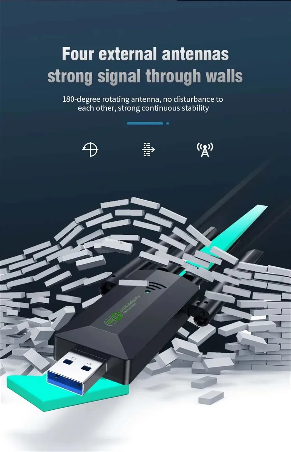 듀얼 밴드 USB wifi 1200Mbps 어댑터 2.4GHz 5GHz WiFi 4 안테나 PC 미니 컴퓨터 600Mbps 네트워크 카드 수신기