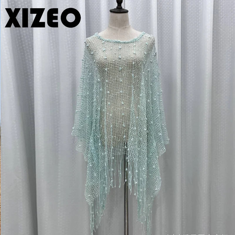 XIZEO 2023 Sexy Fringe Tassel Mesh Sheer Shiny Knitted Tunic Beach Cover Up Cover-ups Beach Dress Beach Wear Beachwear Female