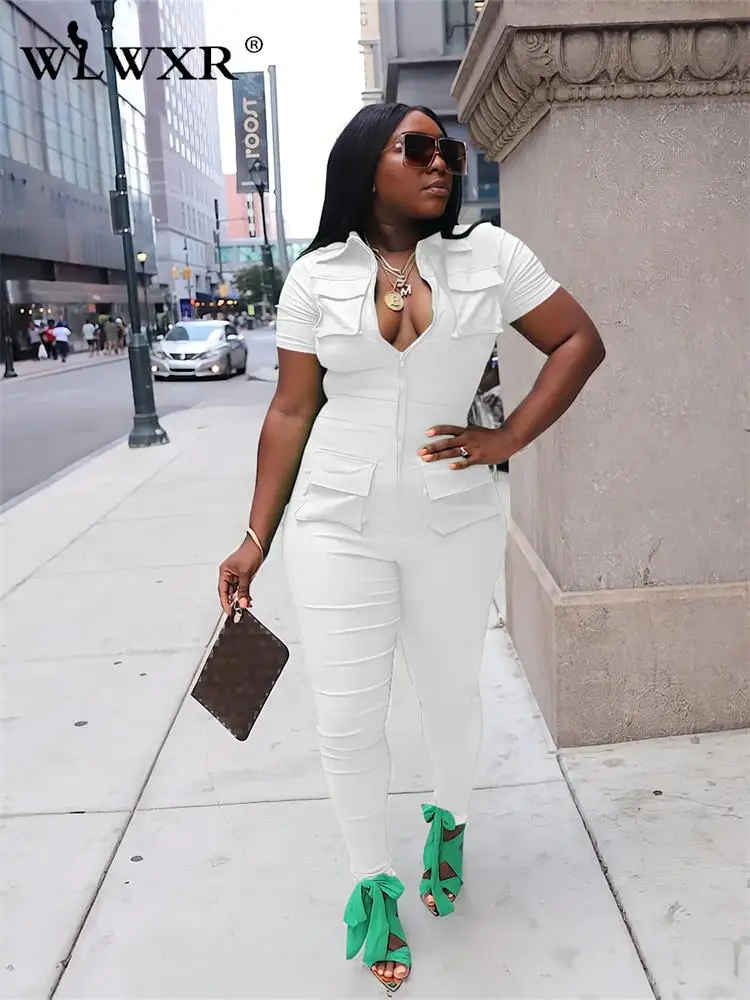 

WLWXR Summer Solid Mesh Jumpsuit Casual Women 2023 Short Sleeve Zipper Bodycon Skinny Jumpsuits Sporty Pockets Jumpsuit Woman