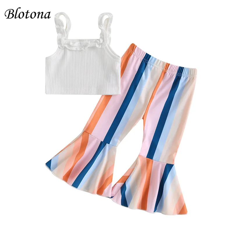 

Blotona Toddler Girls Summer Outfit Sets White Sleeveless Mini Sling Vest Tops+ Colorful Striped Flared Pants 6Months-4Years