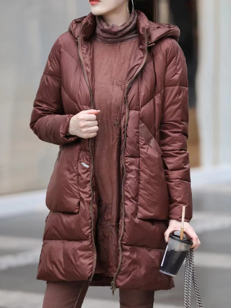 

Female 2022 Warm Winter New in Loose Casual Korean Fashion Mid Long Zipper Pocket Hooded Coats Goose Puffer Down Jacket Women