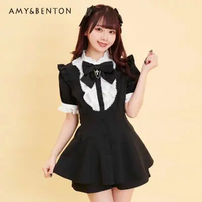 SC Suit Japanese-Style Mine-Style Detachable Bow Black Short Sleeve Set Women's Sweet Lolita Summer Dress Shorts Two-Piece Sets sweet girly women lolita shirts summer fairy peter pan collar detachable sleeve blouse white pink black ruffle children s tops