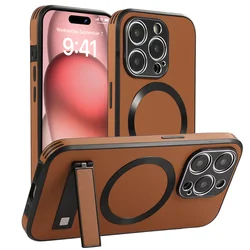 Premium Magnetic Leather Stand Phone Case with Wireless Charging & Shockproof Protection for iPhone 18 Pro (Brown)