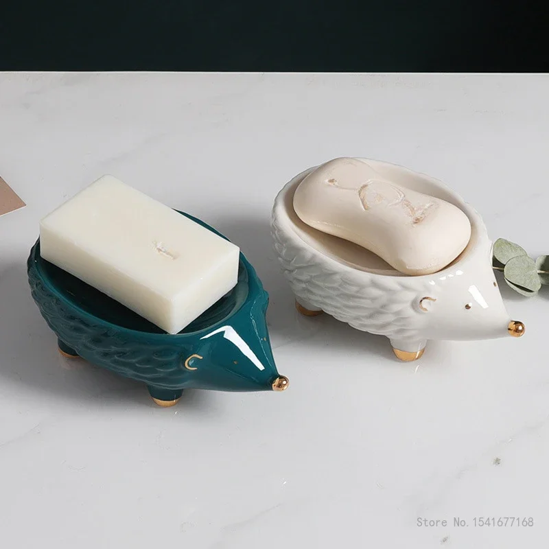 1pc Creative Light Luxury Ceramic Drain Soap Box Cartoon Cute Hedgehog Shaped Kitchen Bathroom Accessories Soap Dish Storage Box