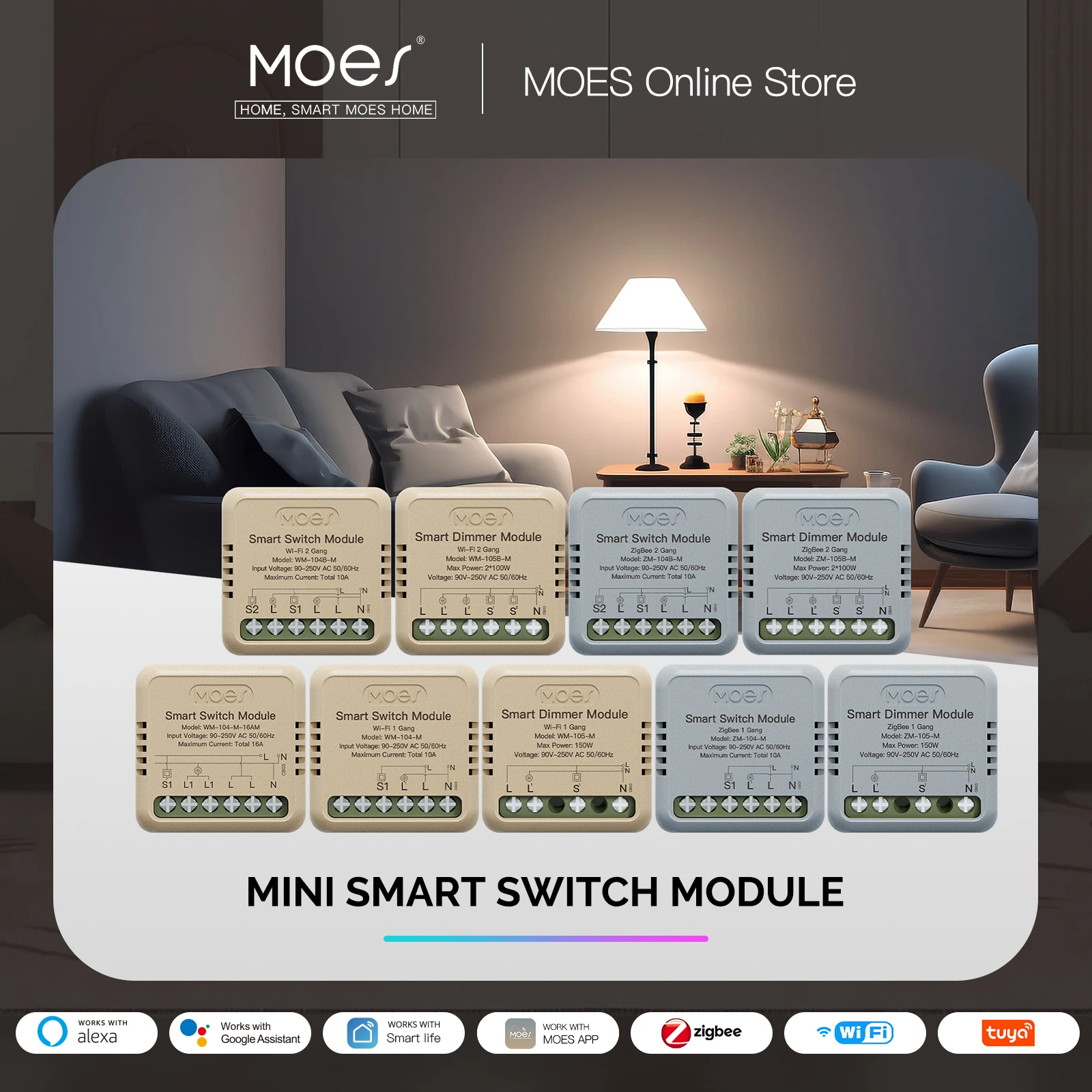 Умный выключатель MOES Mini Tuya Wi-Fi/Zigbee, модуль регулировки яркости, модуль «сделай сам», переключатель, дистанционное управление на 1/2 клавиши, работает с Alexa Google Home