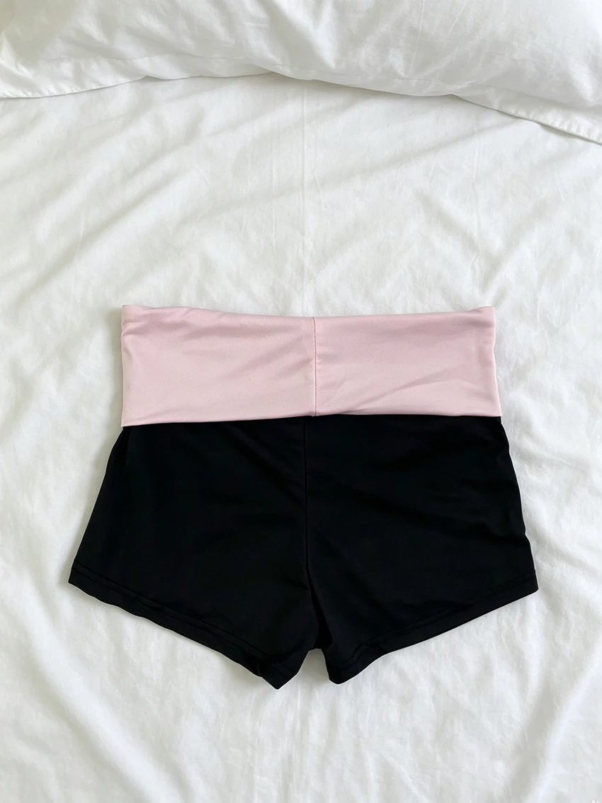 Y2K Coquette Damen Zweifarbige Biker-Shorts mit Faltbarem Bund Rosa Taillenbund Schwarze Slim-Fit Hochtaillierte Sommer-Streetwear-Shorts