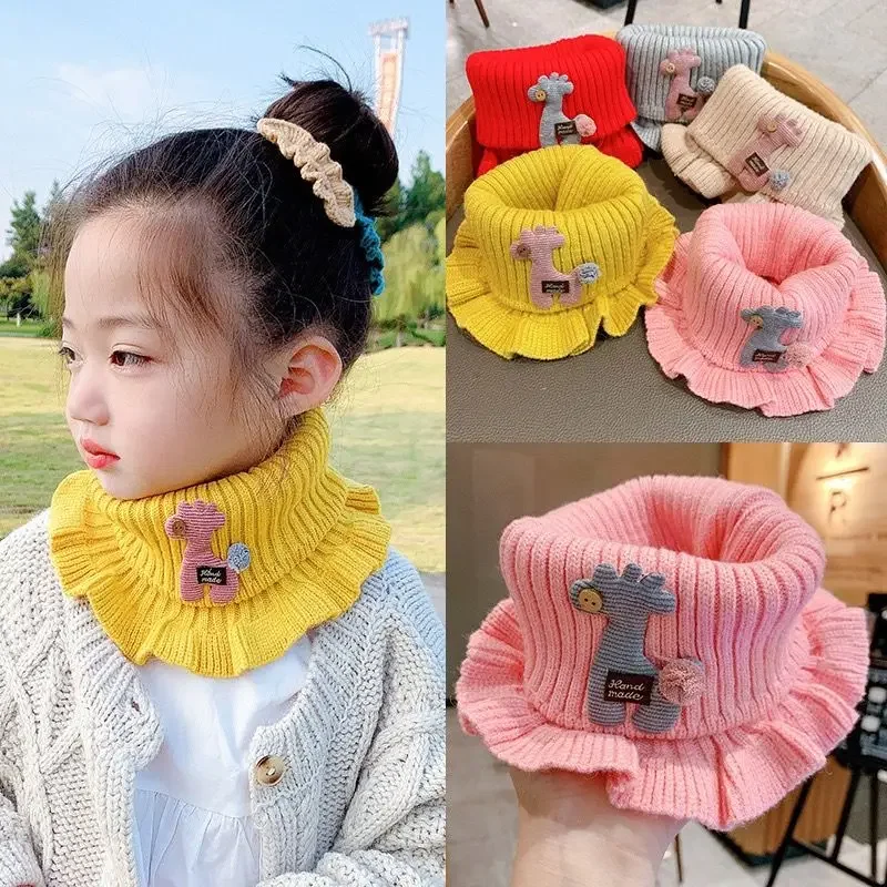 New Baby Knitted Scarf Cartoon Wool Giraffe Ruffle Neck Warmer Girls Kids Accessories Collar Circle Outdoor Winter Warm Scarves
