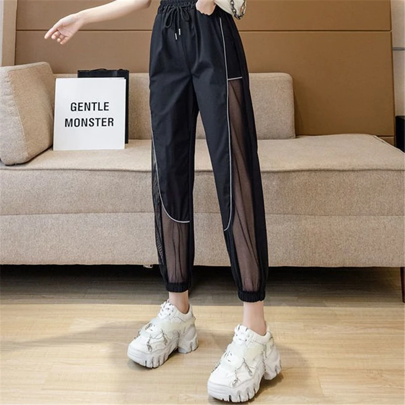 2023 Summer Women Sexy Mesh Patchwork Streetwear Thin Pants Sports Jogger High Waist Trousers Quick Drying Sweatpants Pantalones