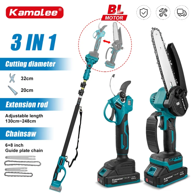 Kamolee – scie à chaîne électrique sans fil 3 en 1, sécateur électrique sans balais, poteau télescopique de 2.5m, adapté aux Batteries 18V-21V 1