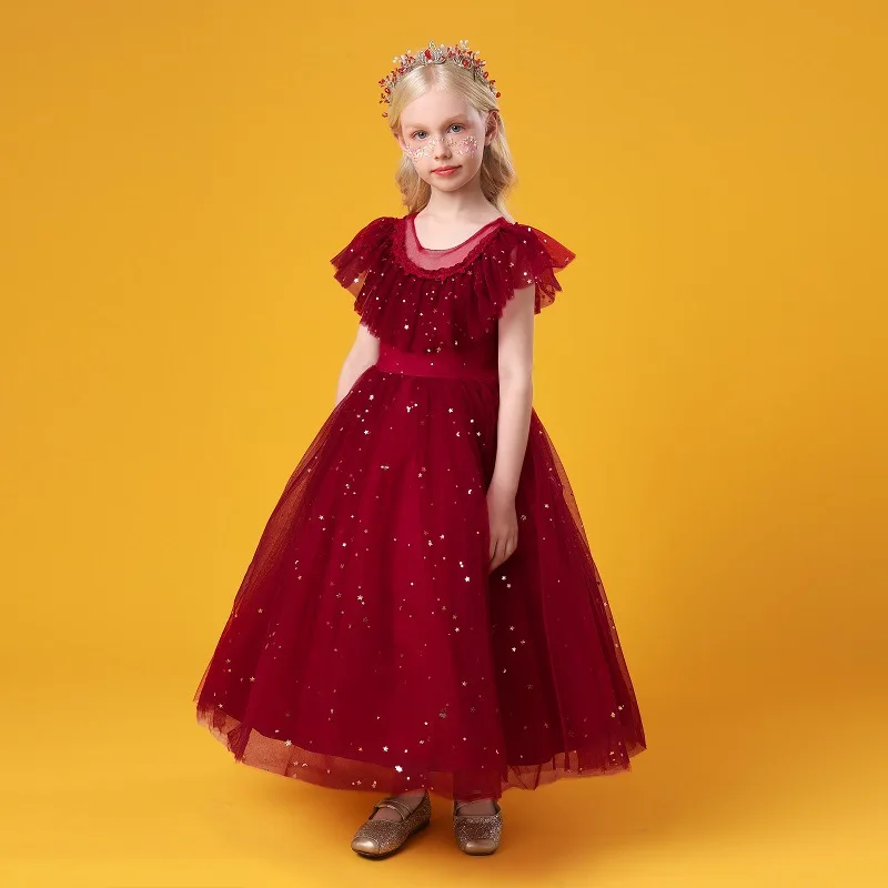 

Cotton New 2023 Girls Glitter Dresses Lace Short Sleeve Evening Ball Gown Elegant Bow Cute Princess Regular Wedding Dress