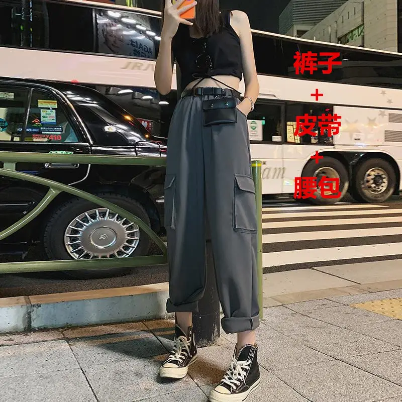 

Cargo Pants Women 3XL Harajuku Chic High Street Popular Ladies Trousers Elastic Waist BF Style Black Basic New Summer Teens Pant