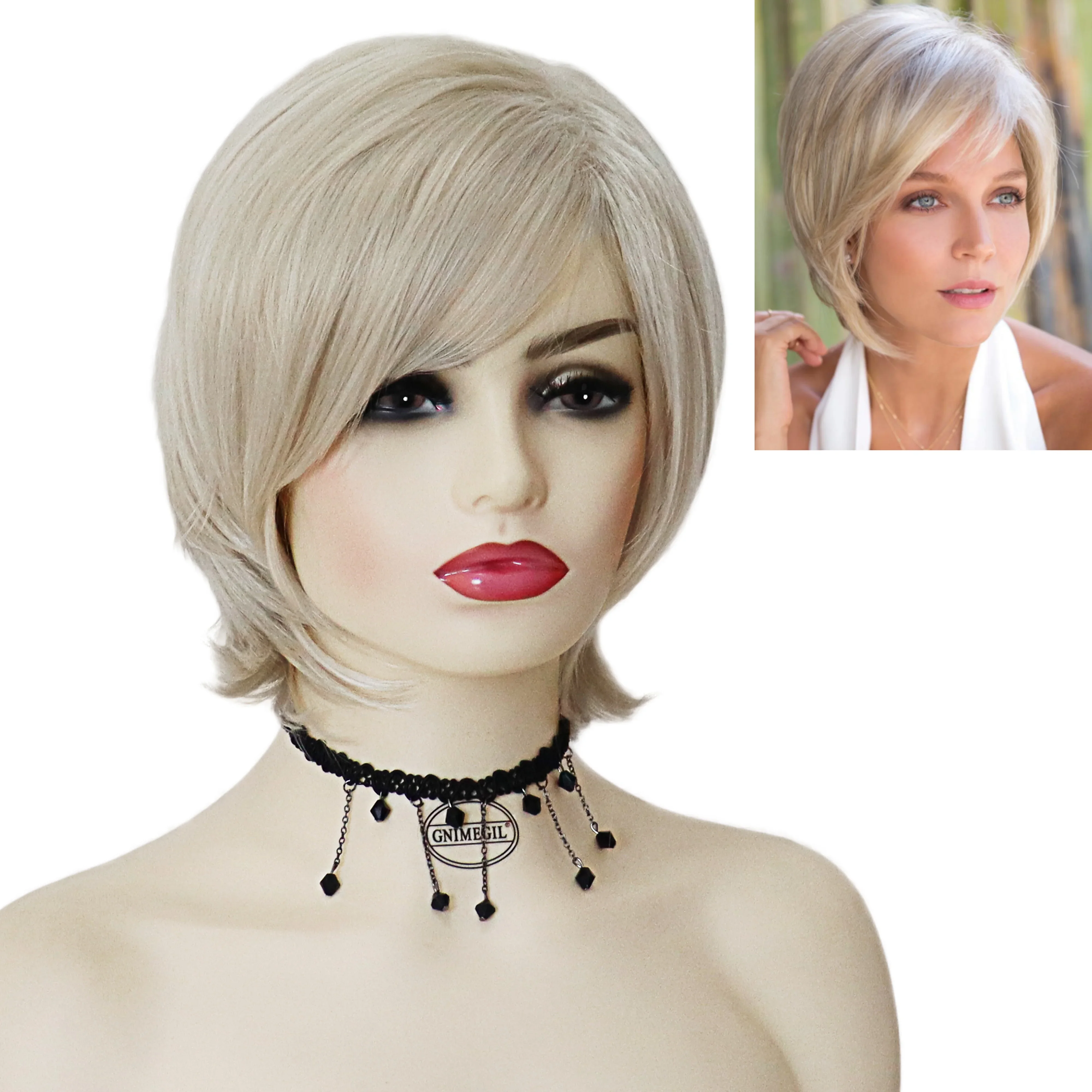 

GNIMEGIL Synthetic Blonde Wigs with Bangs for Women Short Bob Straight Hair Wig Female Cosplay Halloween Costume Lady Wig Girls
