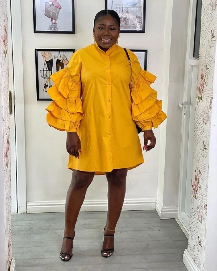 

Fashion New Casual Cake Long Sleeve Shirt Short Stand Collar Loose Large Button Solid A-Line Mini Dress