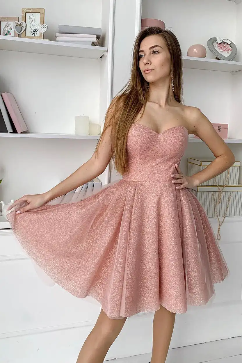 

Vintage Short Glitter Pink Evening Dresses A-Line Sweetheart Knee Length Prom Gowns Robes de soirée Party Dress for Women
