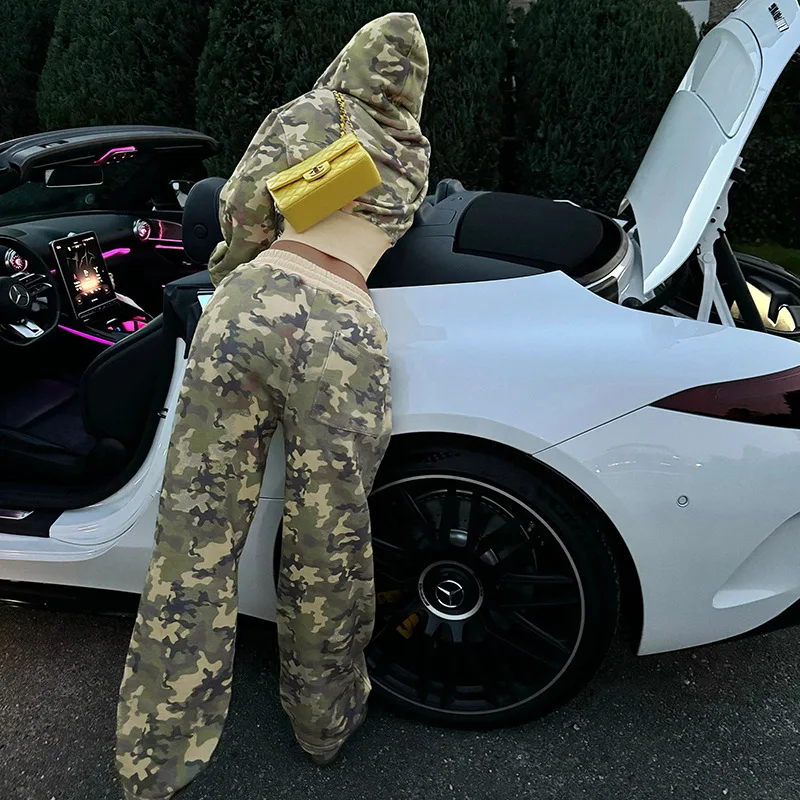 Camouflage Print Loose Casual 2 Piece Set Women Tracksuits Full Sleeve Zipper Hooded Sweatshirts Top + Wide Leg Pants Suits 2