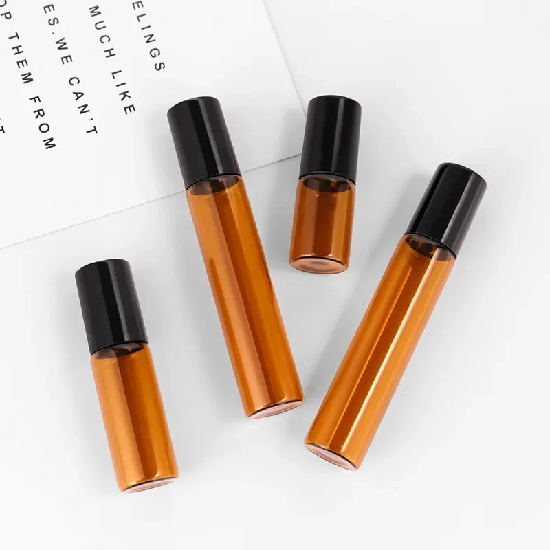 10/20Pcs 3/5/10ml Amber Glass Roll on Bottle with Metal Ball Thin Glass Roller Essential Oil Vials Fragrance Cosmetic Container