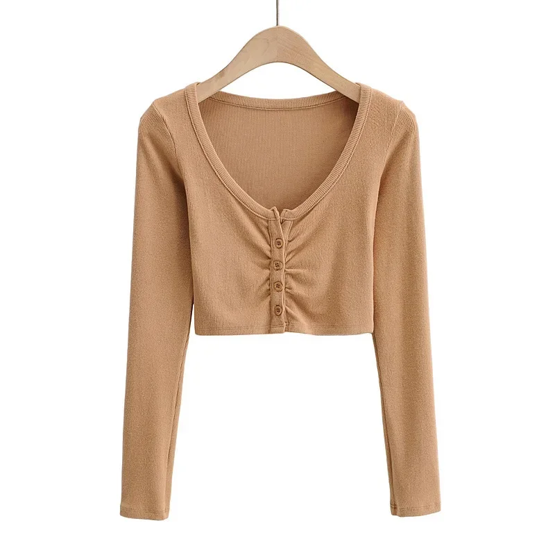 Slim V-neck Long Sleeve Bottomed Womens Tops And Blouses High Street Solid Color Open Navel Cardigan