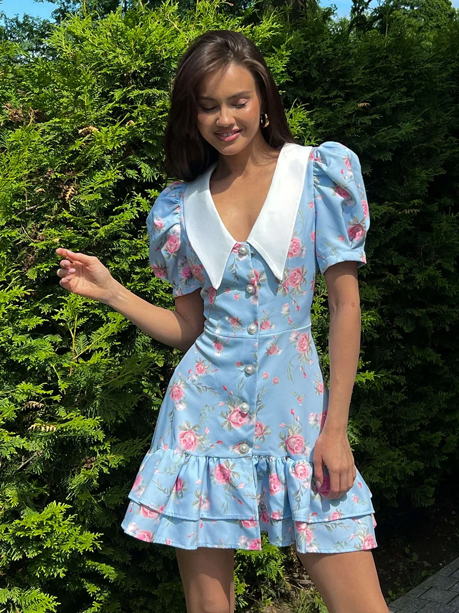 Bornladies Women's French V-neck Bubble Sleeve Dress Seasonal Waist Print Short Skirt Fashion Ruffle Edge Dress Summer New