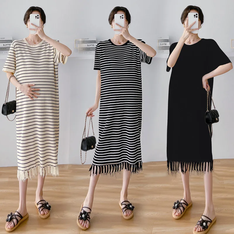 

Korean Style Pregnant Womens Dress Short Sleeve O-neck Tassel Hem Patchwork Maternity Straight Dress Stretched Pregnancy Clothes