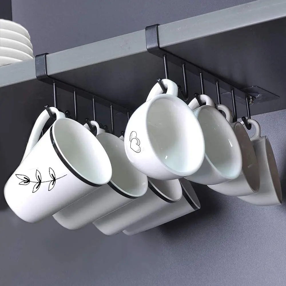 Multifunctional Kitchen Cabinet Mug and Sundries Organizer with Six Hooks - Black and White