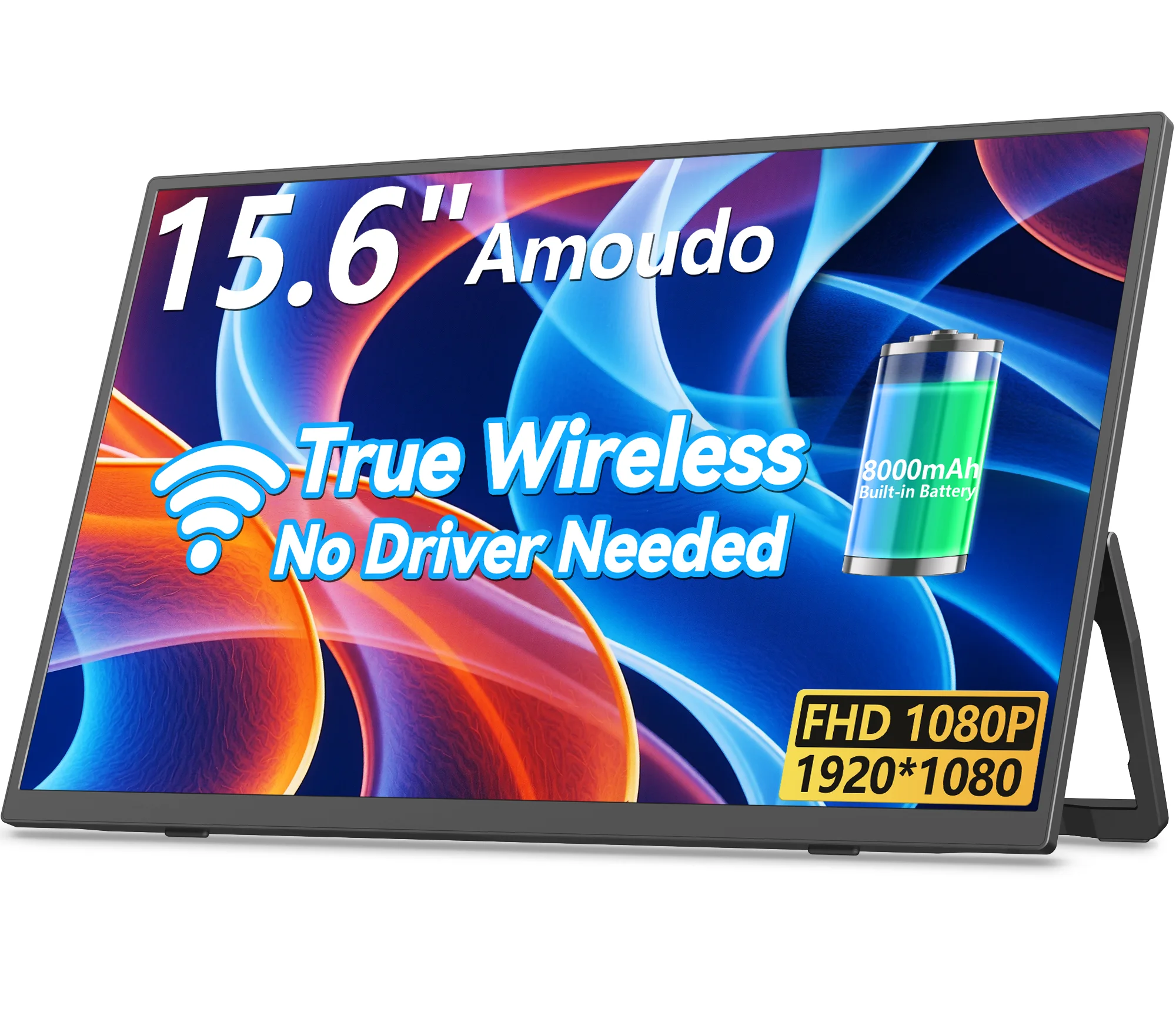 Monitor Móvel Sem Fio Amoudo de 15,6 Polegadas com Bateria de 8000 mAh, Resolução 1920 x 1080P, Compatível com VESA, Tela IPS Portátil.