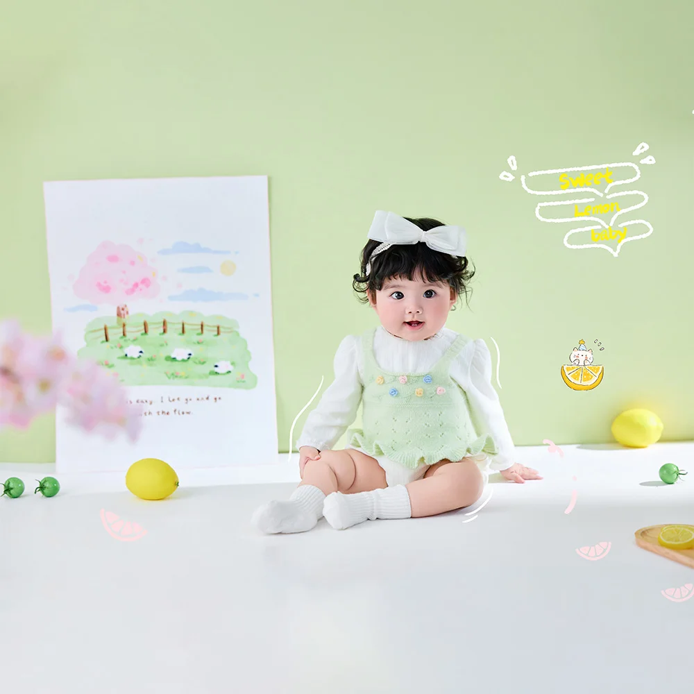 100일  성장 사진 촬영 의상 세트, 여아 봄 사진 촬영복 (리본 헤어밴드&양말 ..
