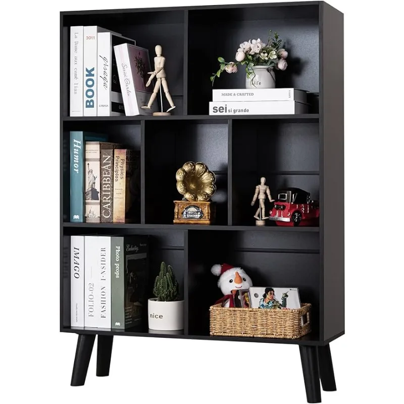 

Black Bookshelf,3 Tier Modern Bookcase with Legs,Bookshelves Wood Storage Shelf, Open Book Shelves Cube Organizer